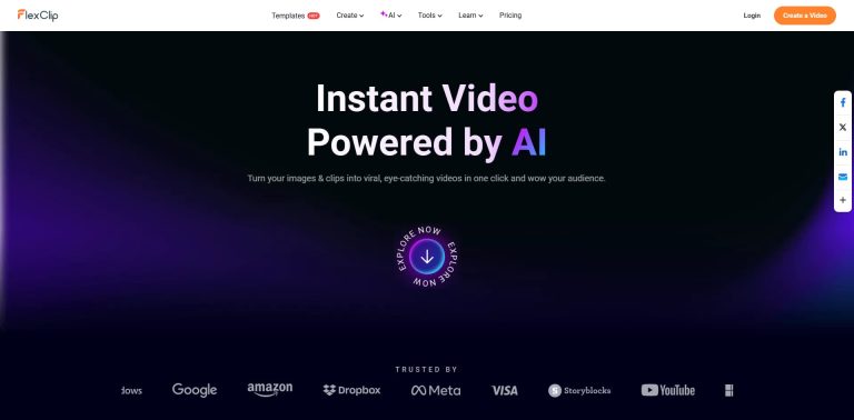 Tela inicial do FlexClip destacando a criação instantânea de vídeos com inteligência artificial e logotipos de grandes empresas parceiras.
