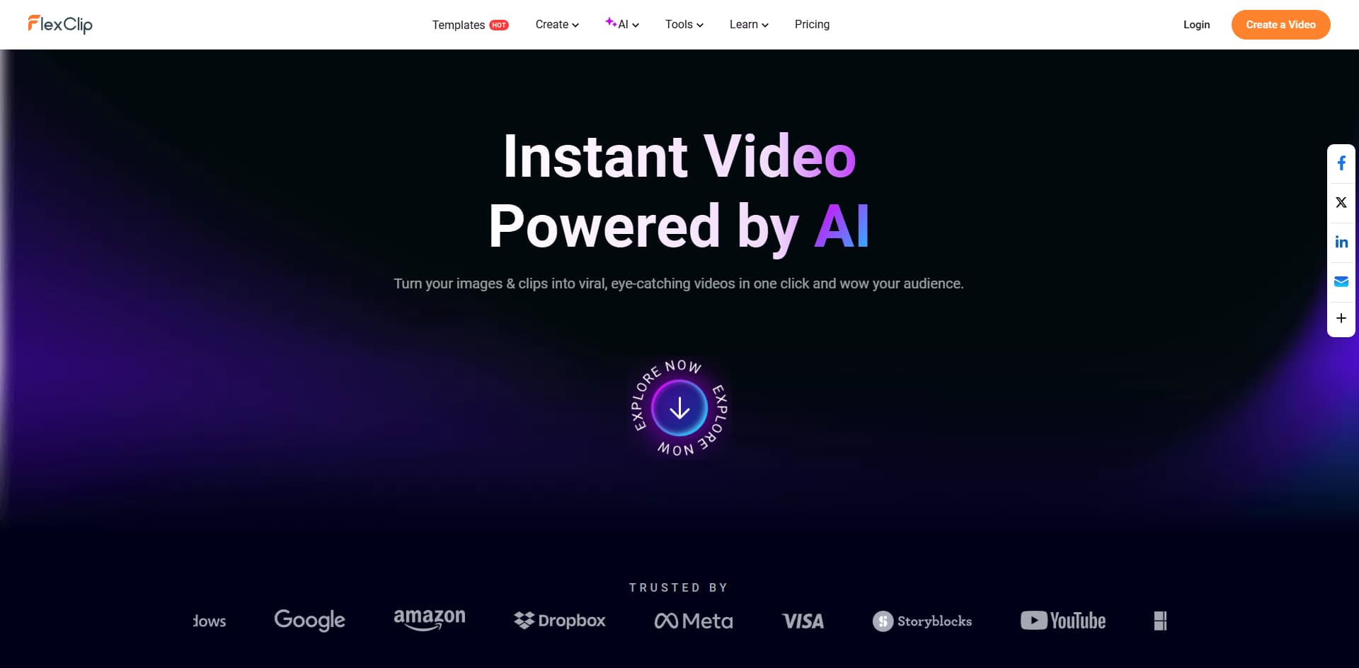 Tela inicial do FlexClip destacando a criação instantânea de vídeos com inteligência artificial e logotipos de grandes empresas parceiras.
