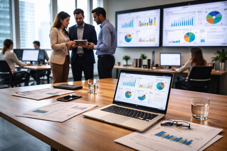Profissionais discutem informações em sala corporativa com telas exibindo indicadores enquanto a operação segue em segundo plano