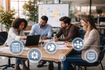 Grupo de profissionais reunido em mesa de trabalho analisa informações em laptop e documentos, com painel visual ao fundo em ambiente corporativo