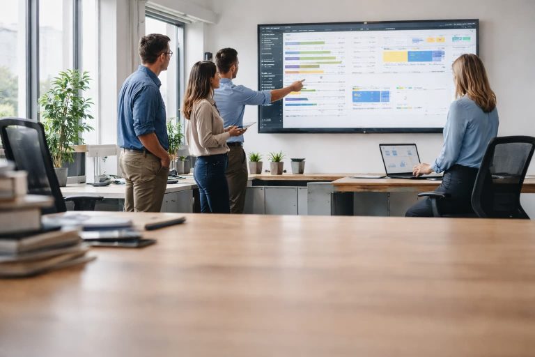 Profissionais observam painel digital com dados e indicadores em uma sala de trabalho iluminada por luz natural