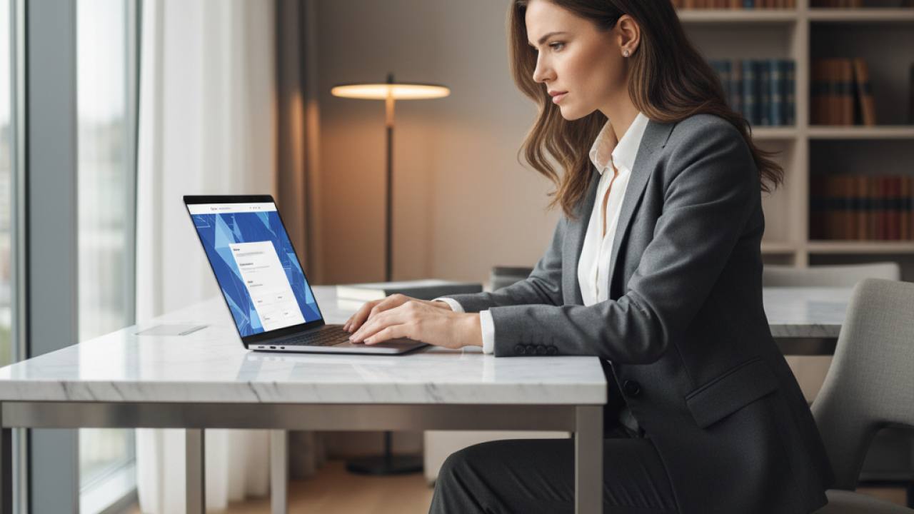 Advogado sentado em escritório moderno observando a tela de um notebook com um site jurídico aberto, com iluminação natural e estantes de livros ao fundo.