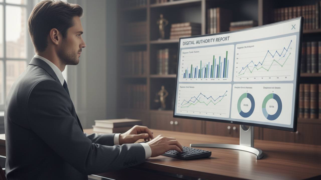 Profissional com as mãos no teclado observando dashboard de SEO com gráficos de tráfego orgânico em monitor de escritório jurídico