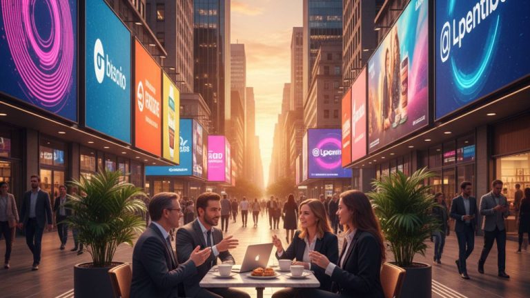 Grupo de profissionais em café em São Paulo discutindo estratégias digitais com edifícios ao fundo.