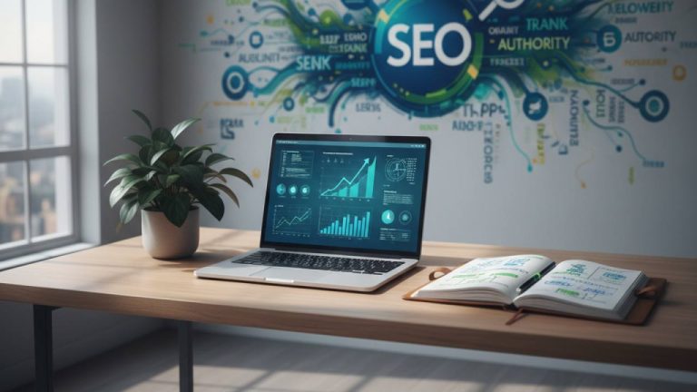 Modern desk setup showcasing SEO analytics and creative planning.