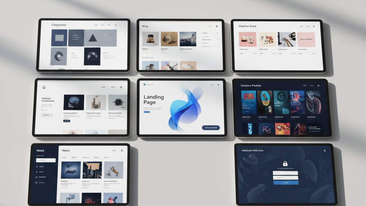 Sete telas de dispositivos digitais dispostas em grade, cada uma exibindo um tipo diferente de site: institucional, blog, loja virtual, landing page, portfólio, portal de notícias e área de membros