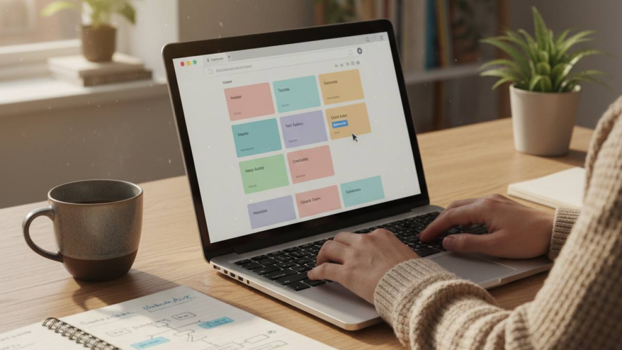 Mãos sobre o teclado de um notebook exibindo um editor de sites visual, com caderno de anotações e xícara de café sobre mesa de madeira clara iluminada por luz natural