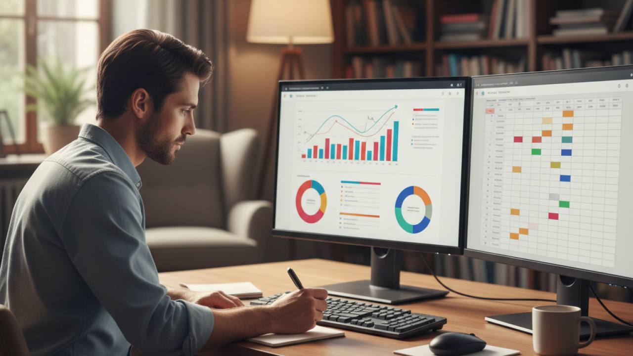 Pessoa sentada em escrivaninha moderna diante de dois monitores: um com dashboard de métricas de site e outro com planilha comparativa, em ambiente de escritório com iluminação quente