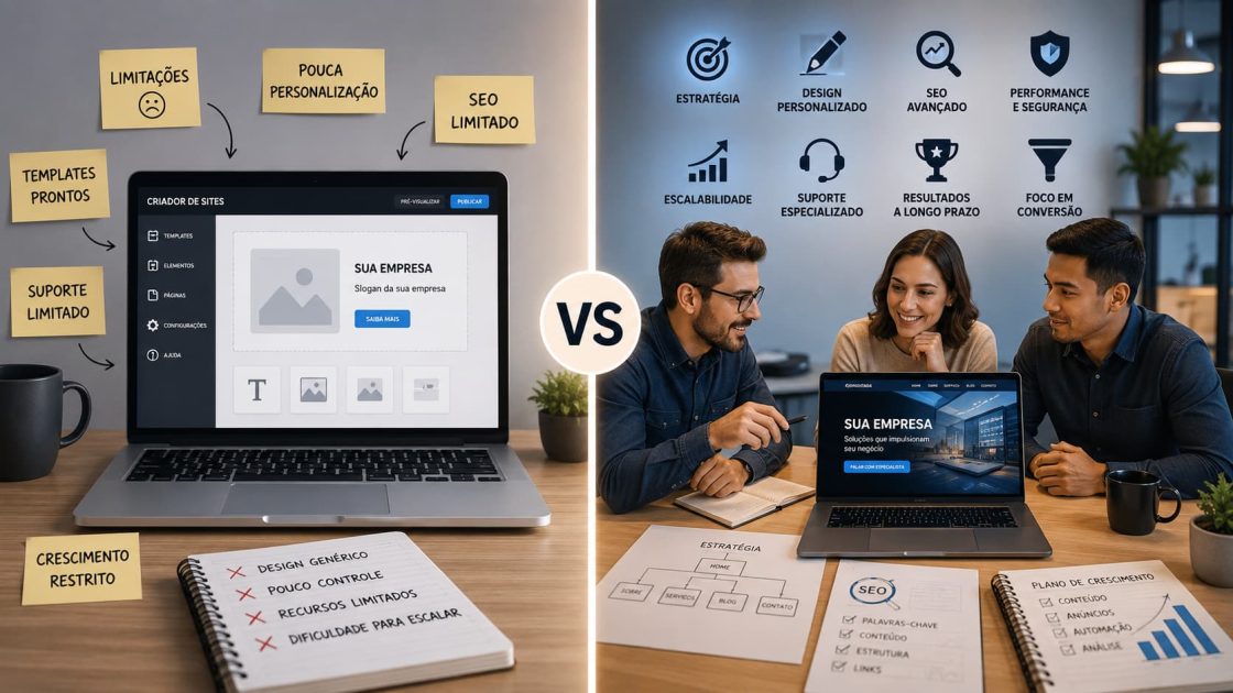 Comparação visual entre criador automático de sites e agência especializada desenvolvendo sites profissionais com foco em SEO, estratégia e crescimento digital.