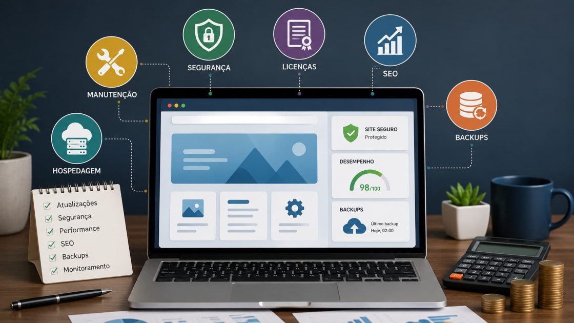 Notebook exibindo painel de gerenciamento de site com ícones de hospedagem, manutenção, segurança, SEO e backups ao redor.