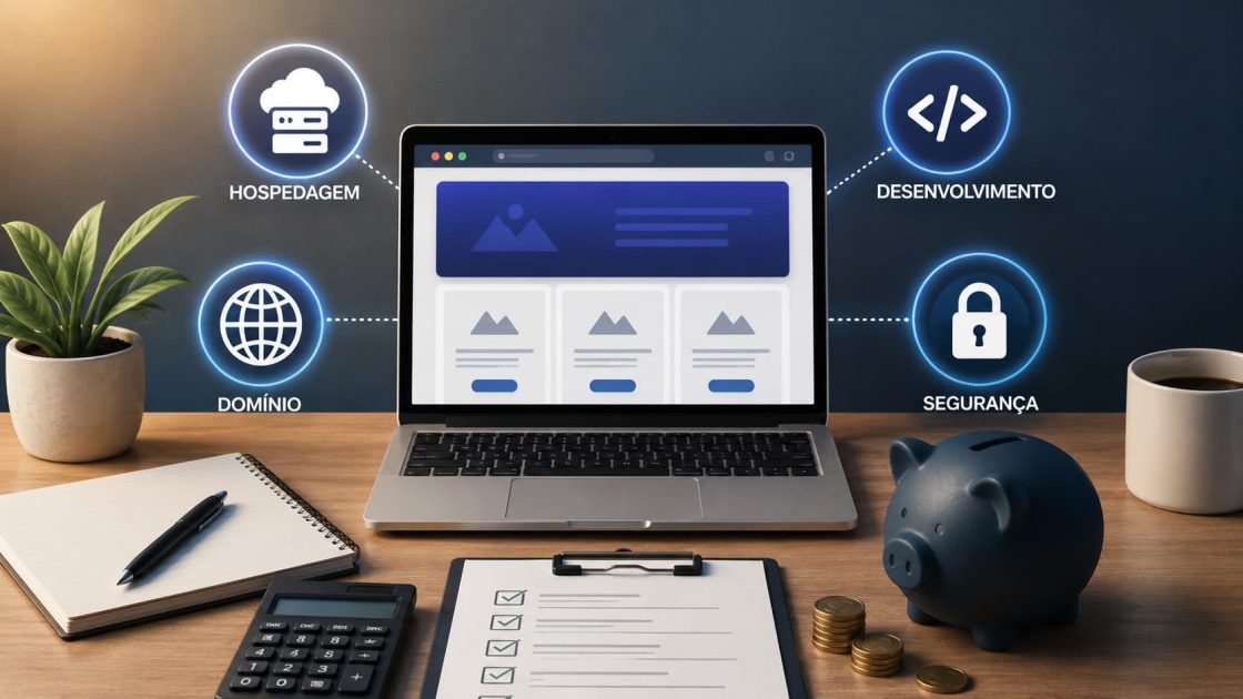 Notebook exibindo a estrutura de um site profissional com ícones de domínio, hospedagem, desenvolvimento e segurança ao lado de itens relacionados a custos digitais.