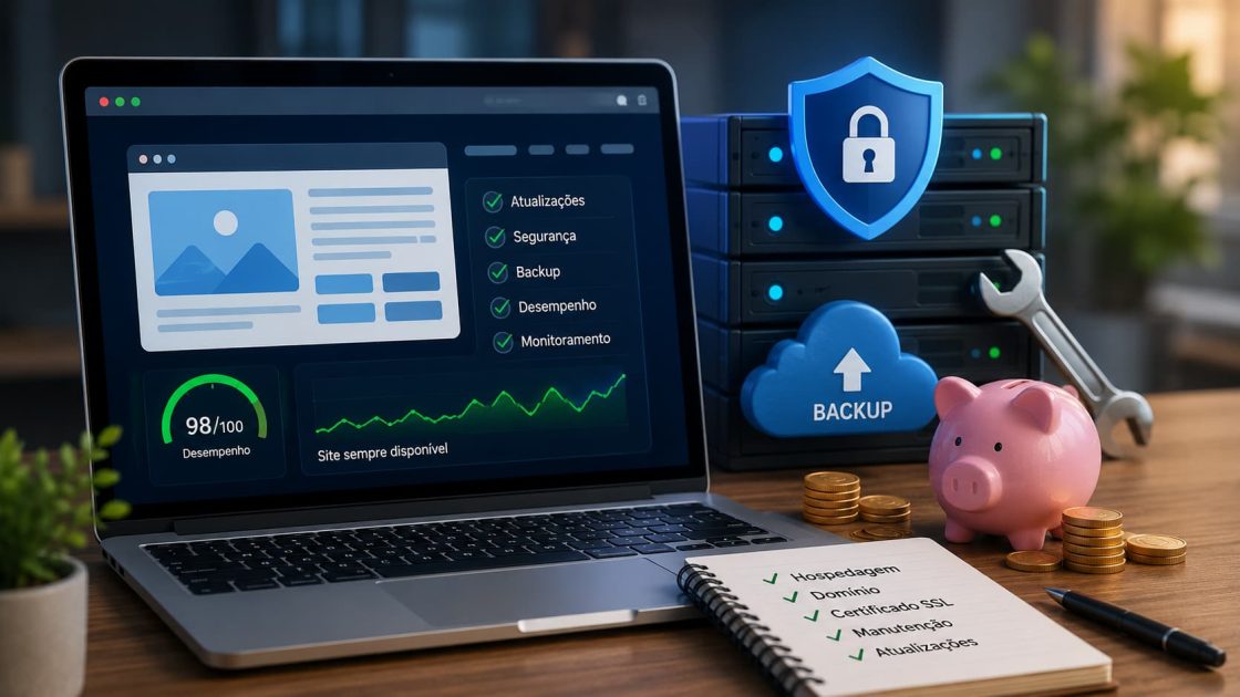 Notebook exibindo painel de monitoramento de site profissional com indicadores de desempenho, backup, segurança, hospedagem e manutenção ao lado de servidores e ícones de proteção digital.
