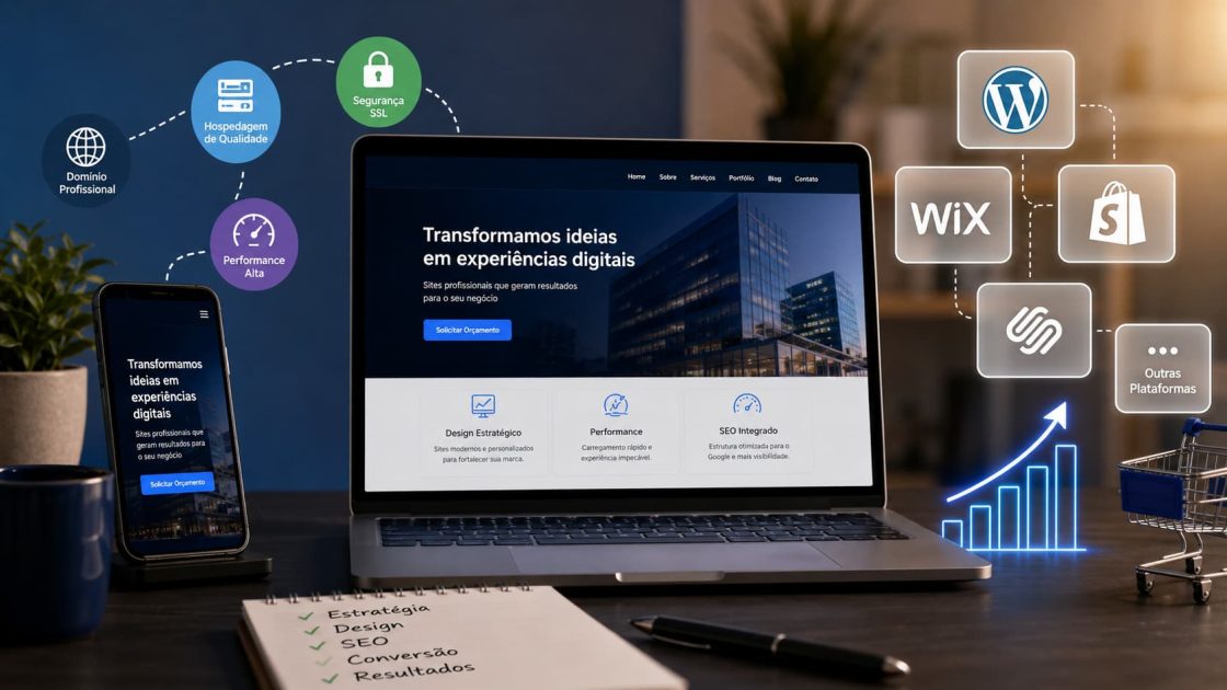 Notebook exibindo um site profissional moderno ao lado de ícones de WordPress, SEO, hospedagem, performance e plataformas de criação de sites.