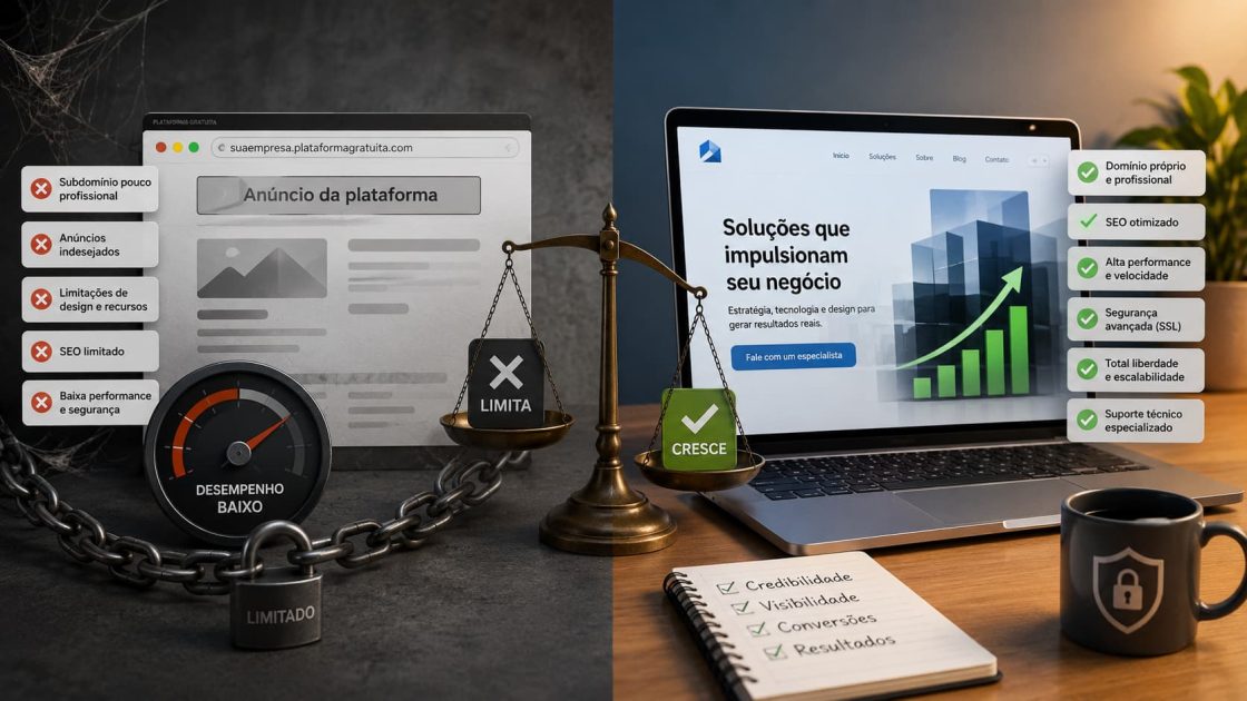 Comparação visual entre plataformas gratuitas e sites profissionais, destacando limitações de desempenho, SEO e segurança versus crescimento, velocidade e credibilidade online.