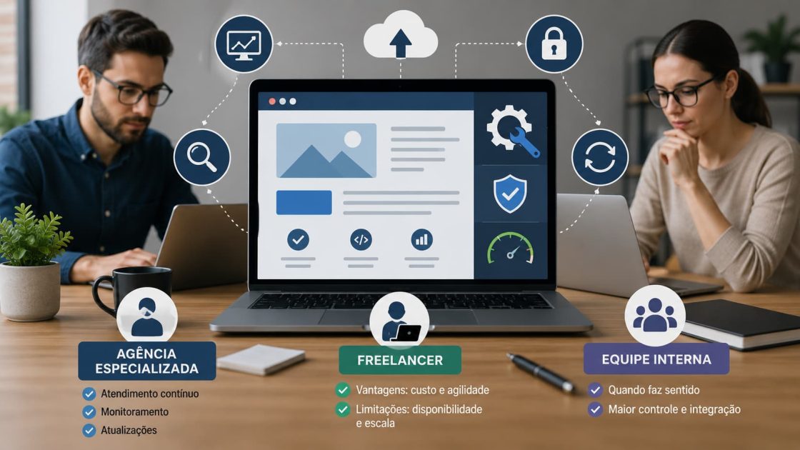 Equipe trabalhando na manutenção de um site profissional com monitoramento, atualizações, segurança digital e suporte técnico em ambiente corporativo.