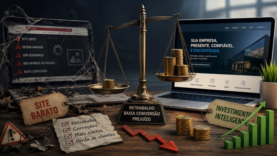 Comparação entre um site barato com problemas de lentidão e baixa conversão e um site profissional moderno otimizado para resultados e crescimento empresarial.