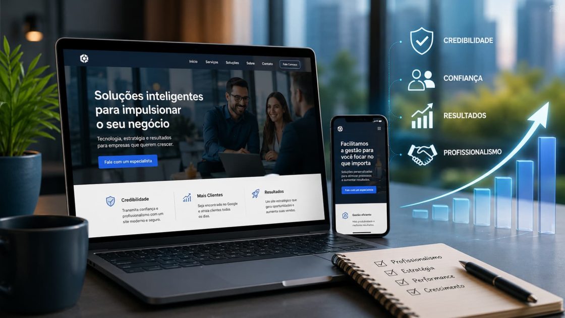Notebook e smartphone exibindo um site profissional moderno com gráficos de crescimento, simbolizando credibilidade, SEO, vendas e presença digital empresarial.