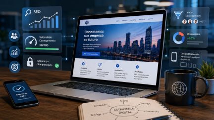 Notebook exibindo um site profissional moderno com elementos de SEO, performance, segurança digital e geração de leads ao redor da tela.