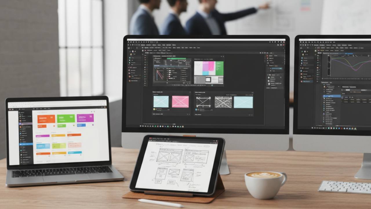 Três configurações de mesa de trabalho lado a lado representando um criador de sites DIY com laptop, um freelancer com tablet e caderno, e uma agência com múltiplos monitores e equipe ao fundo