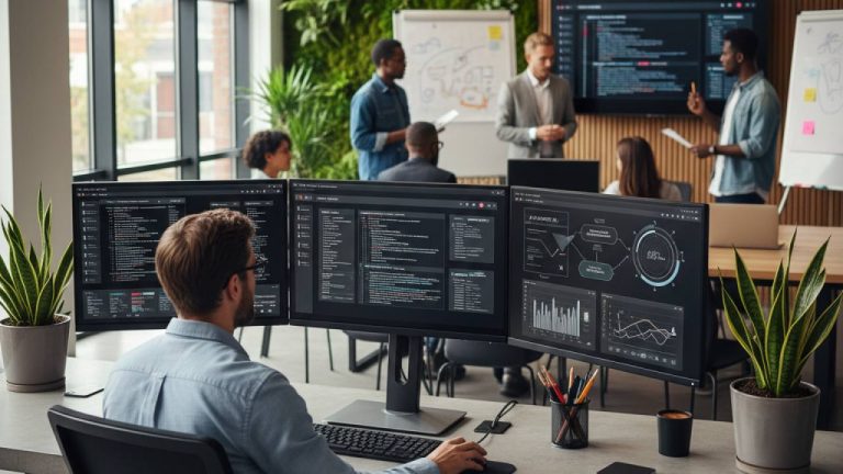 Profissional trabalhando em escritório moderno com múltiplas telas de projetos de sites.