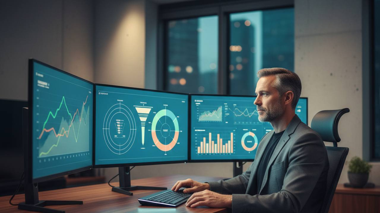 Homem de negócios sentado diante de múltiplos monitores exibindo gráficos de tráfego e dashboards analíticos em escritório moderno com iluminação cinematográfica