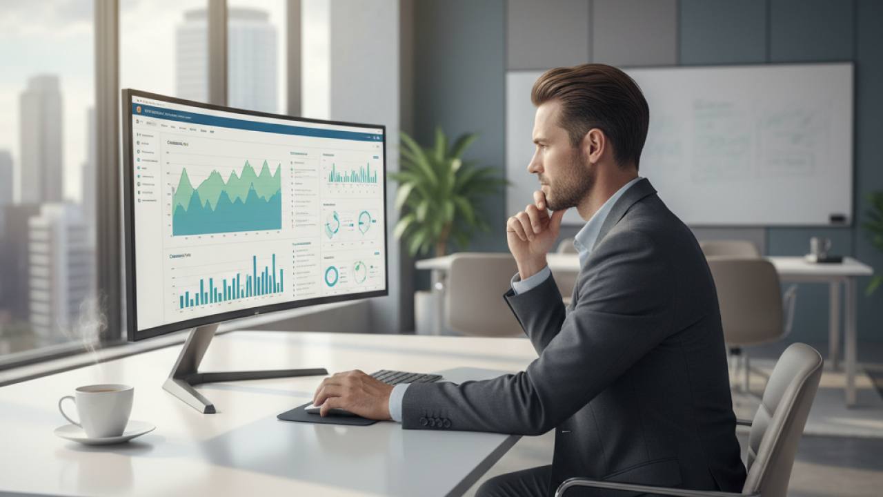 Homem de negócios sentado em escritório moderno observando dashboard de métricas digitais em monitor ultrawide com gráficos de crescimento orgânico