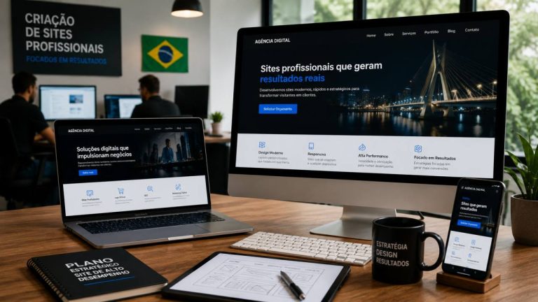 Profissionais trabalhando na criação de sites profissionais para empresas brasileiras, com foco em SEO, design responsivo e geração de leads.