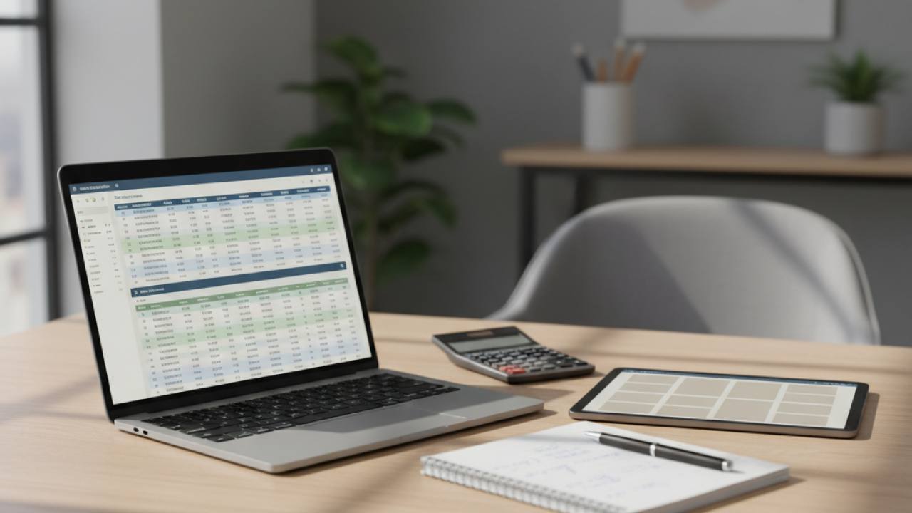 Mesa de escritório com laptop exibindo planilhas de custo, tablet com wireframe de site e calculadora sobre bloco de anotações