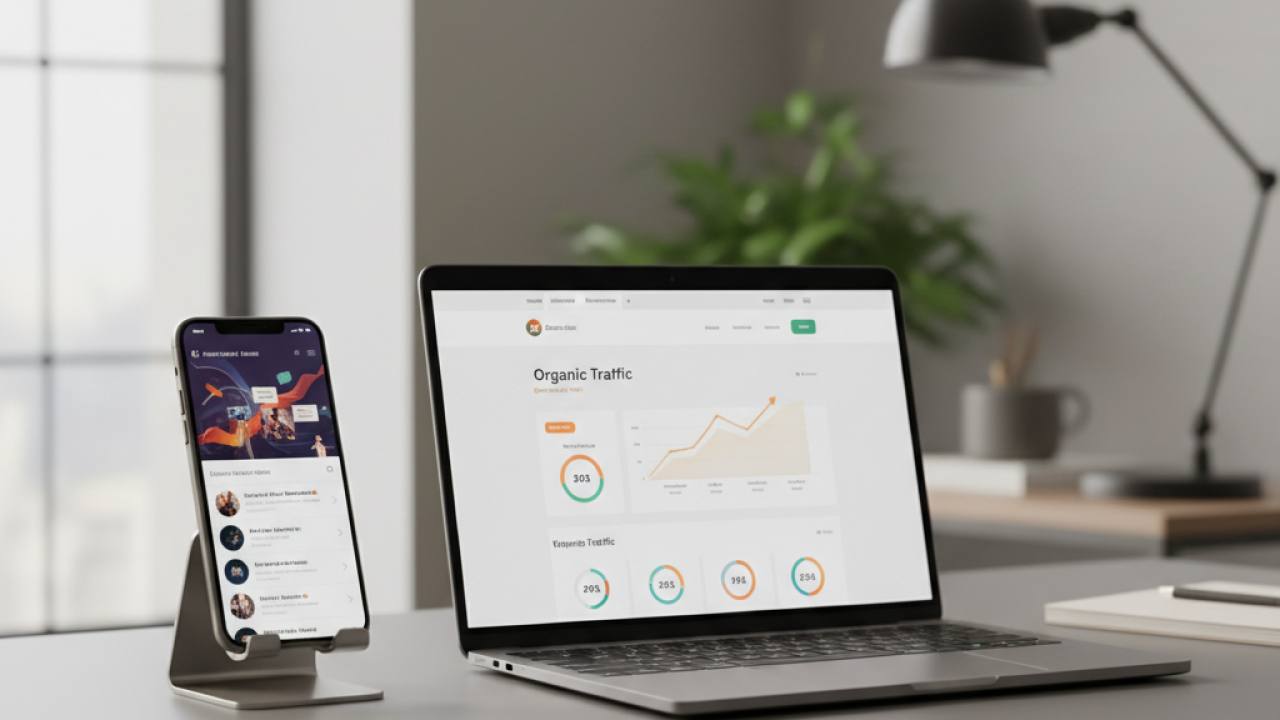 Smartphone com feed de redes sociais ao lado de notebook exibindo painel de métricas de site empresarial sobre mesa de escritório moderna