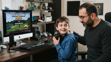 Pai e filho sentados em frente ao computador no setup do canal Mighty Mike Plays