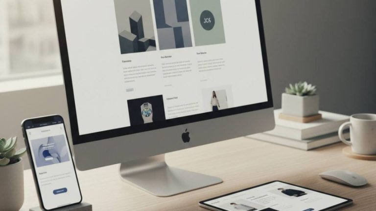 Ilustração genérica de site para arquiteto exibido em desktop, tablet e smartphone — não é print de nenhum dos 19 escritórios medidos