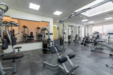 Sala de academia com equipamentos de musculação, ilustração para site para personal trainer
